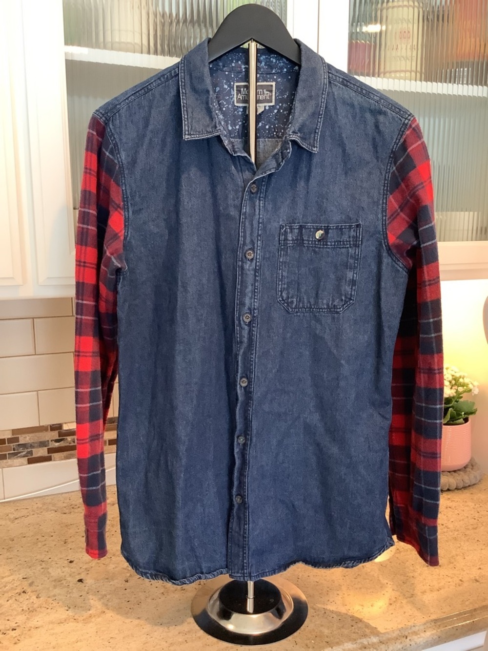 Modern Amusement Blue Denim Shirt with Red Plaid Sleeves 100% Cotton